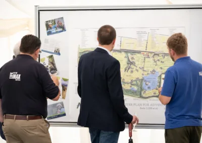 Gentlemen looking at plans for Adventure Base