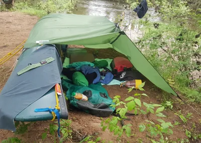 Wild camping set up on the bank of Dordogne River in France