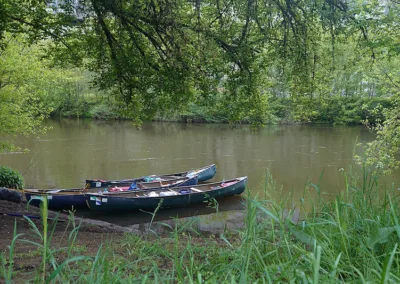 Canoes on the riverbank of the Dordogne River in France